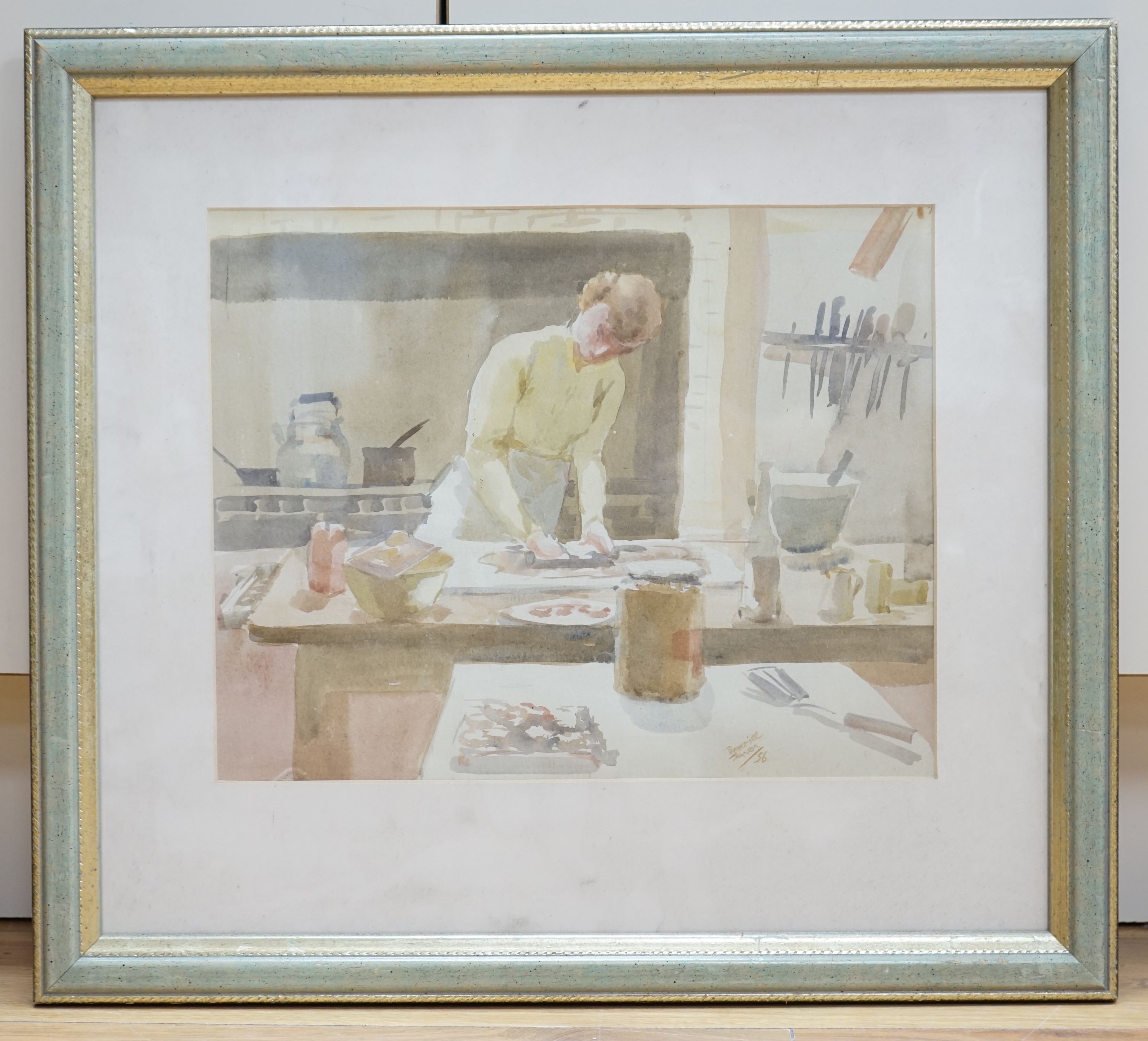 Beatrice Prudence Johnson R.W.S. (1920-1988), watercolour, Woman baking in a kitchen, signed and dated '56, 27 x 34cm